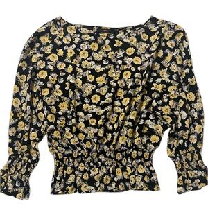 Anthropologie Azel Hazel Haze Blue Yellow Floral Smocked Puff Sleeve Blouse L